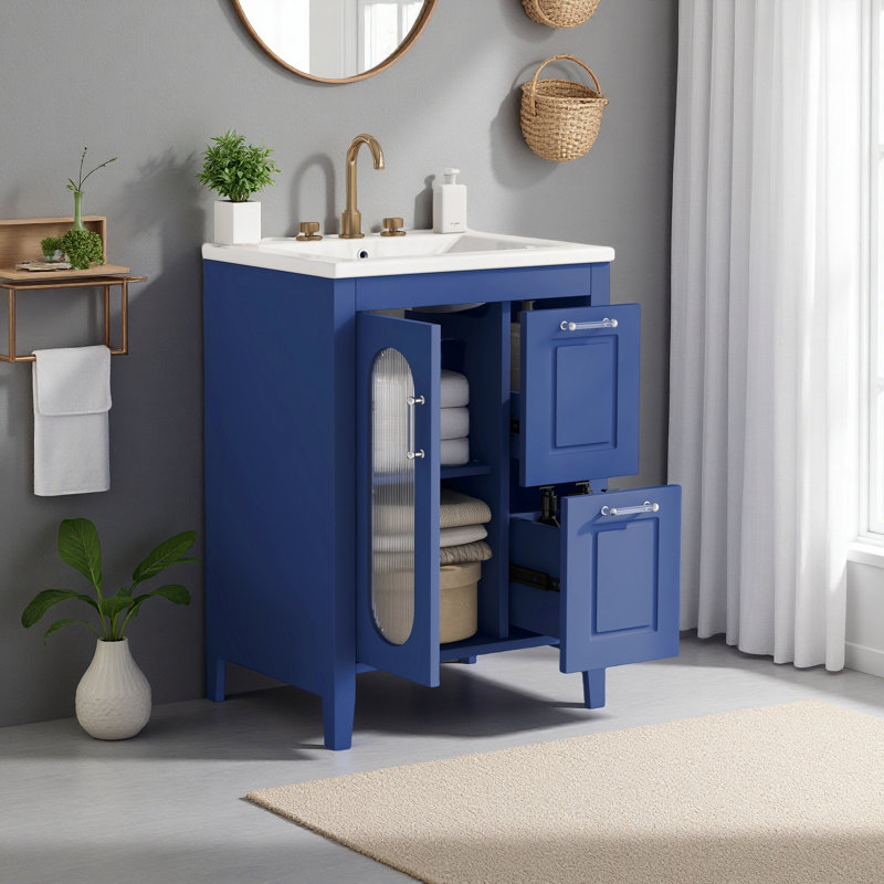 Meuble-lavabo 24 po avec lavabo, meuble-lavabo avec deux tiroirs et porte, tablette réglable, bois massif et panneau de fibres à densité moyenne