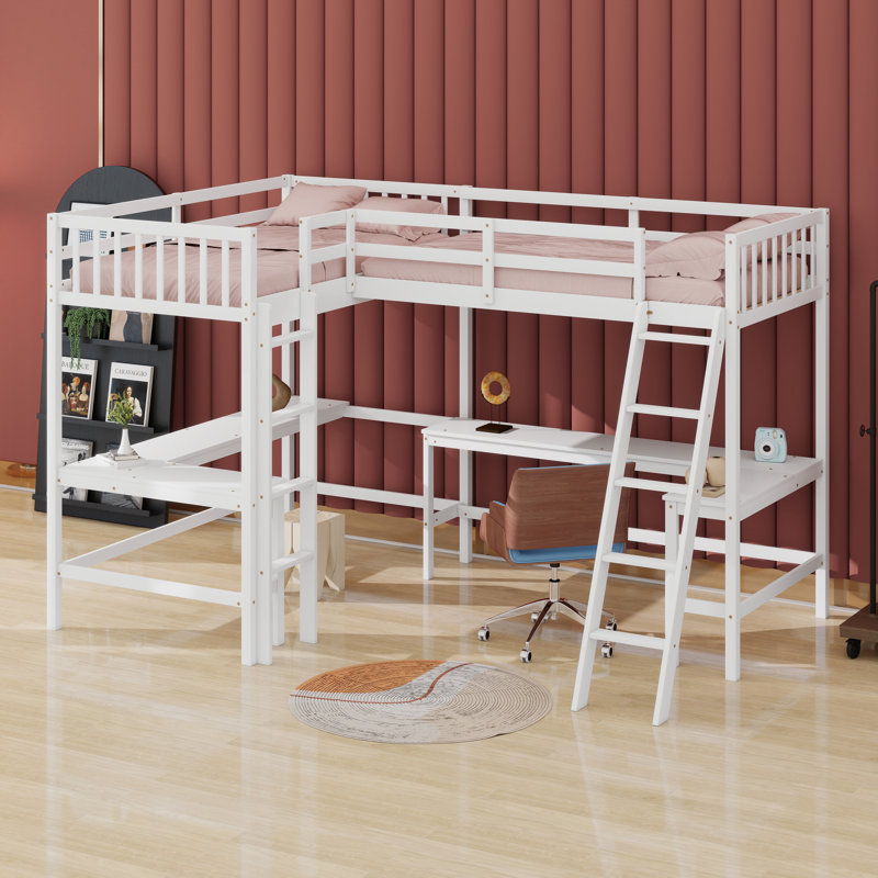 Wooden High Loftbed With Ladder，Safety Guardrail And 2 Built-In L-Shaped Desks, White