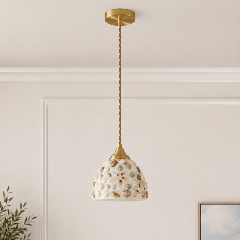 6.9" 1-Light Shell-Textured Glass Pendant with Adjustable Cord and Tri-Color E26 Bulb for Kitchen Island and Dining Room