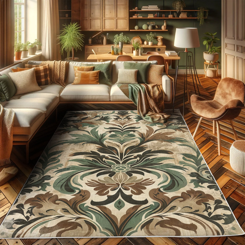 Bohemian Leafy Damask Beige and Green Synthetic Area Rug