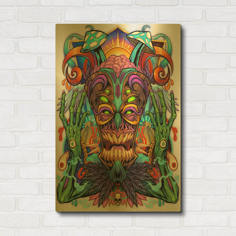 « Créature Tiki psychédélique » de Flyland Designs, décoration murale en métal doré, 61 x 91 cm, 24"x36"