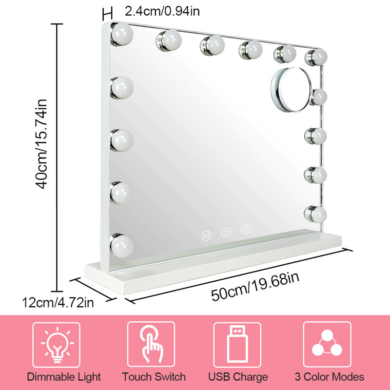 Miroir grossissant de maquillage / rasage Thatch 14/15 lumières, 15,75 po x 4,72 po, Blanc