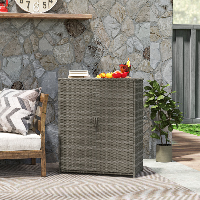 Wicker Outdoor Storage Cabinet with Shelves, 4-Shelf Outdoor Pool Towel Storage Cabinet with Two Doors, Rattan Outdoor Storage Shelves for Garden, Backyard, Porch