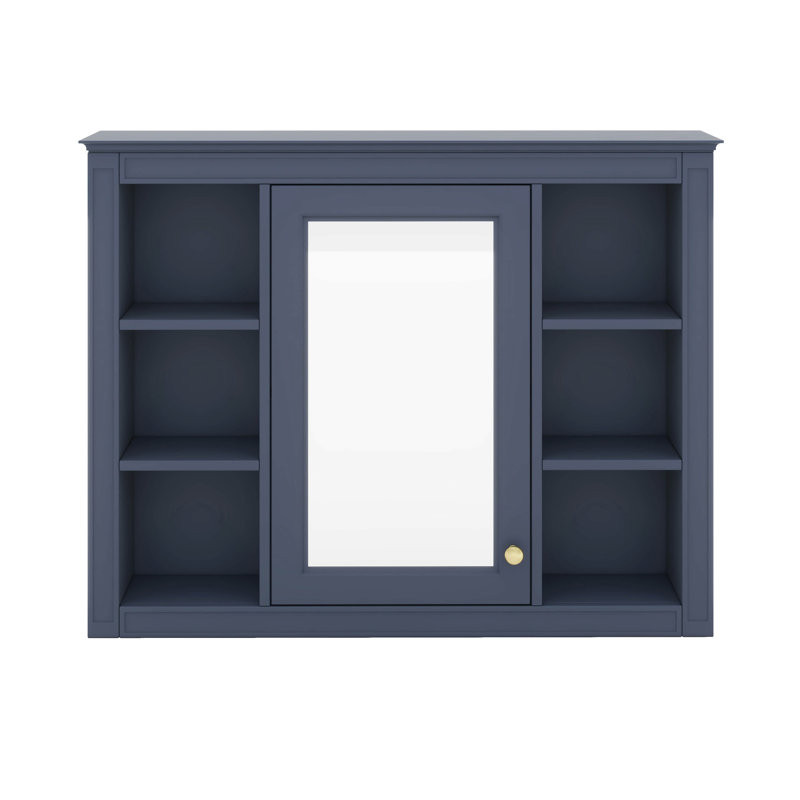 Armoire à pharmacie murale moderne avec miroir, solution de rangement élégante avec 6 tablettes ouvertes, Bleu