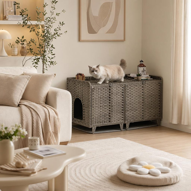 Meuble pour litière en rotin caché à la main avec porte / tapis, Gris