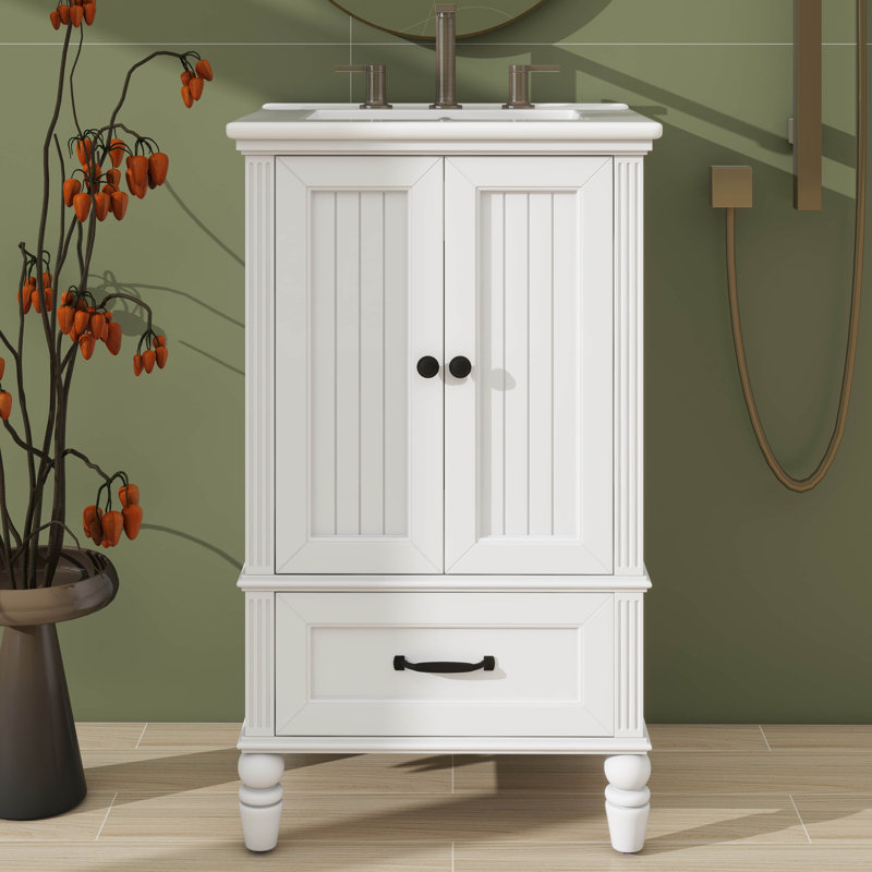 Meuble-lavabo de 20 pouces avec lavabo - Portes silencieuses à fermeture en douceur, tiroir simple, loquet de porte magnétique et patins réglables