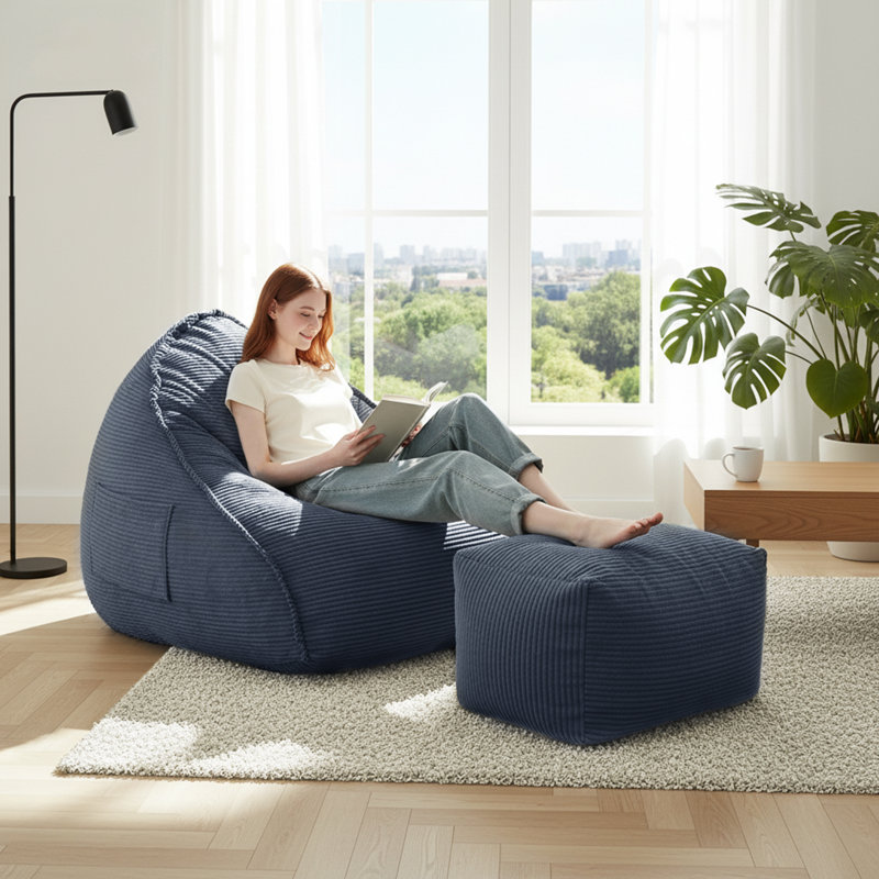 Bean Bag Chair with Ottoman for Adults, Large Corduroy Bean Bag Couch, Boneless Cloud Chaise Lounge Reading Chair with High-Resilience Foam, Floor Lounger for Bedroom Living Room(Gray)