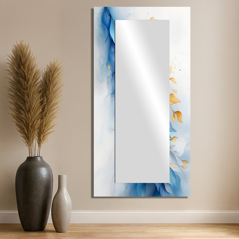Fougères bleues dorées Gentle Breeze II - art mural miroir décoratif floral - imprimé sur métal, 28 po x 55 po