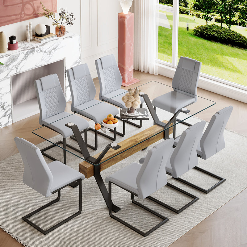 7-Piece Glass Top Dining Table Sets, Black, Black