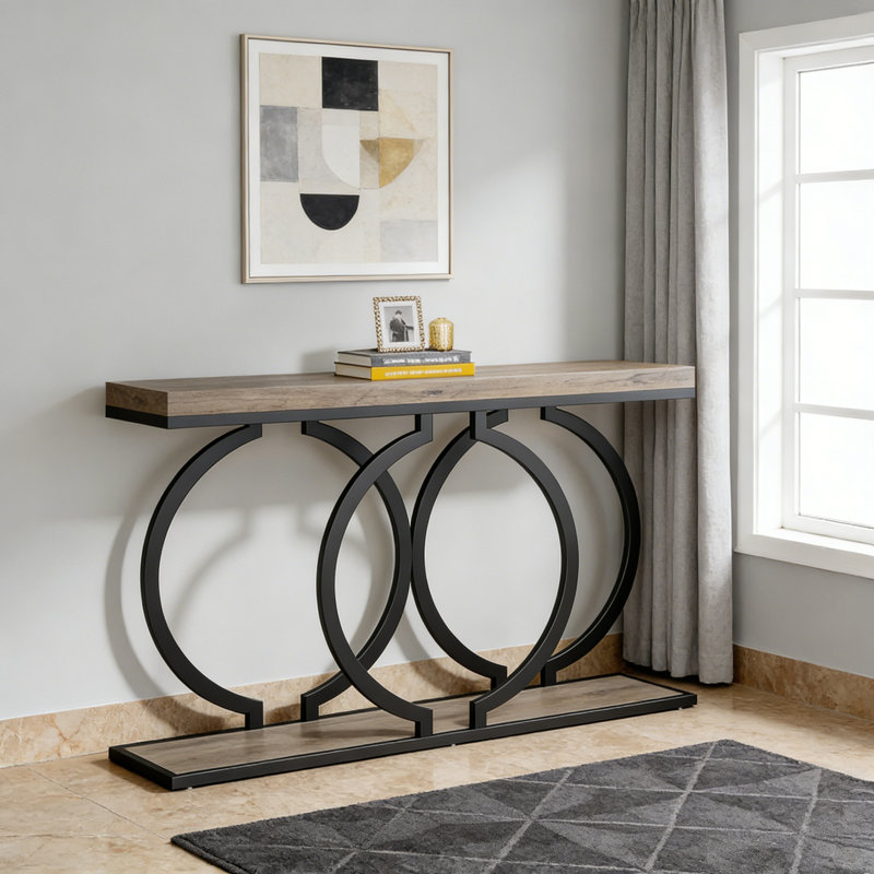 55" Narrow Console Table, Faux Marble Top With Geometric Gold Metal Frame, Vintage Gray/Black, Vintage Gray