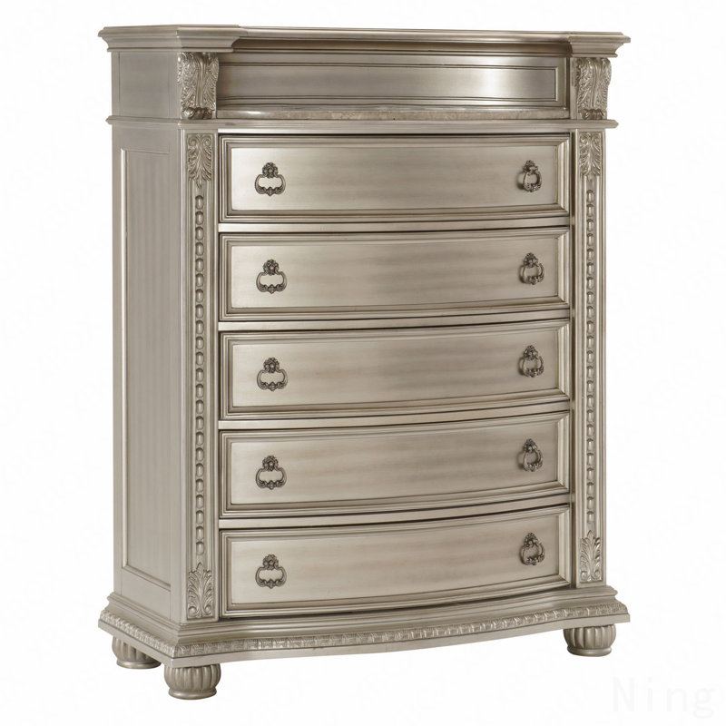 Commode de rangement de luxe à finition argentée 1 pièce avec 5 tiroirs en marbre véritable