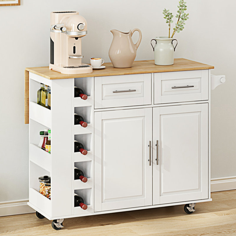 Chariot multifonctionnel pour îlot de cuisine avec armoire Laurier et deux tiroirs (tabouret non inclus), Blanc