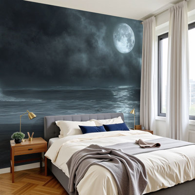 Papier peint auto-adhésif Raven Moon Ocean Night Sky Full Moon