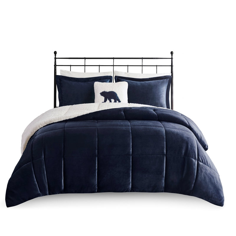 Bleu marine + édredon - double / grand, to, duvet synthétique, 2 taies décoratives et 1 coussin décoratif pour le lit