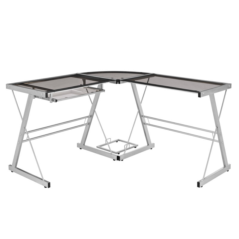 Wendell Modular L-Shaped Glass Steel Computer Desk, Silver / Black Glass