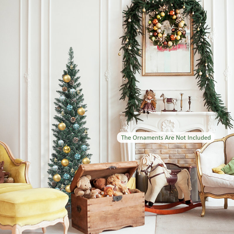 Arbre de Noël mince pin vert / blanc avec pommes de pin, 6 pi