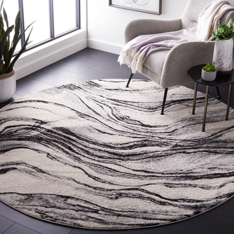 Tapis ivoire / noir Tulum 275, Rond 6 pi 7 po