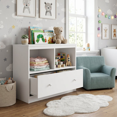 Kids Toy Storage Organizer, Low Bookshelf With Large Drawer, White For Nursery
