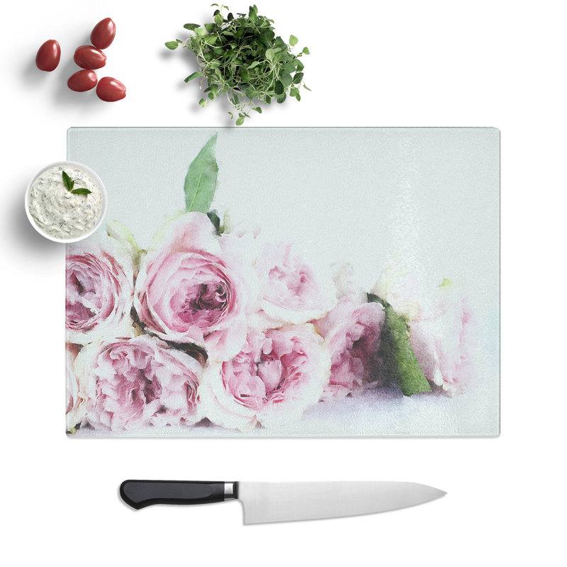 Tempered Glass Dusty Pink Roses Chopping Board, 28.5 cm x 39 cm