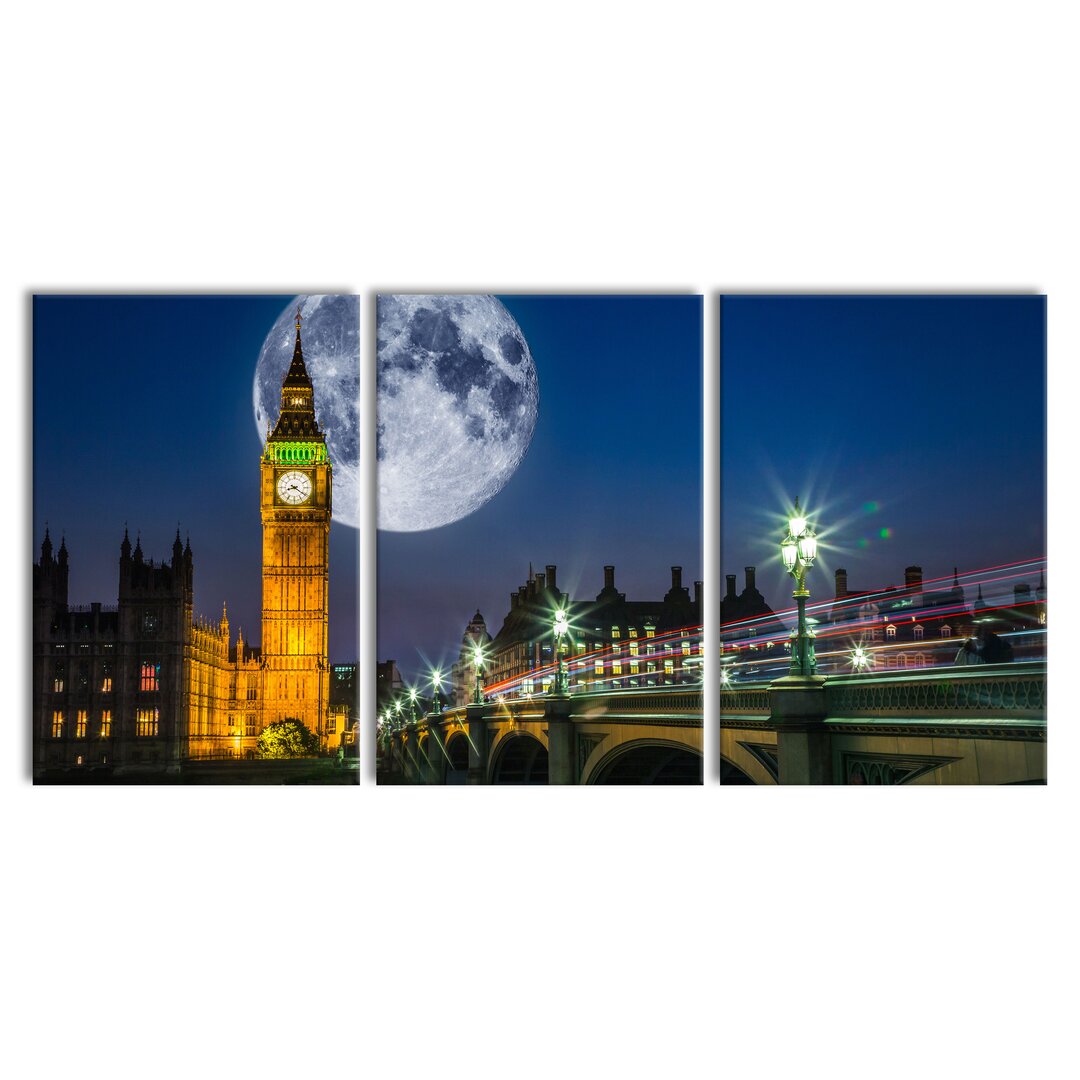 3-tlg. Leinwandbilder-Set Big Ben vor Mond in London