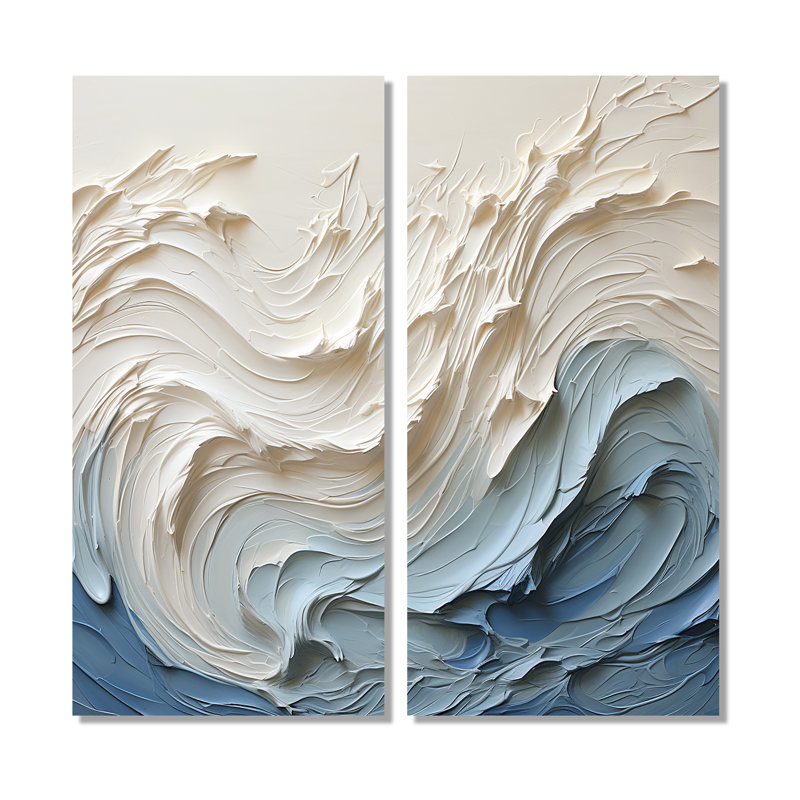 Vague blanche et bleue style Papercut - décoration murale bord de mer beige, H 40 po x l 40 po, Toile tendue