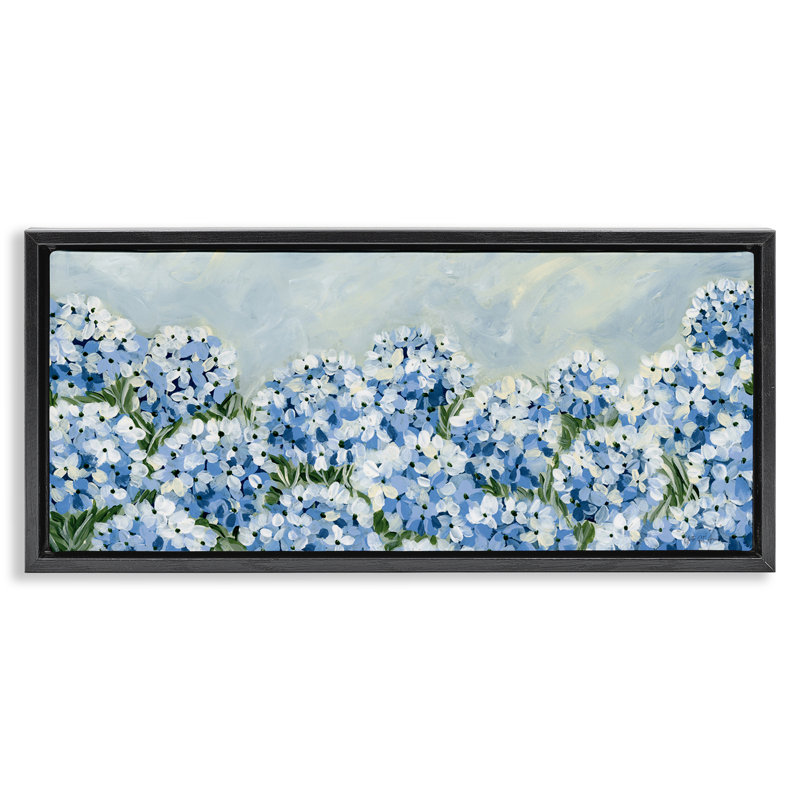  Blue Hydrangea Meadow Floater Canvas Wall Art by Yvette St. Amant, H 11 po x l 25 po, Cadre flottant noir de jais