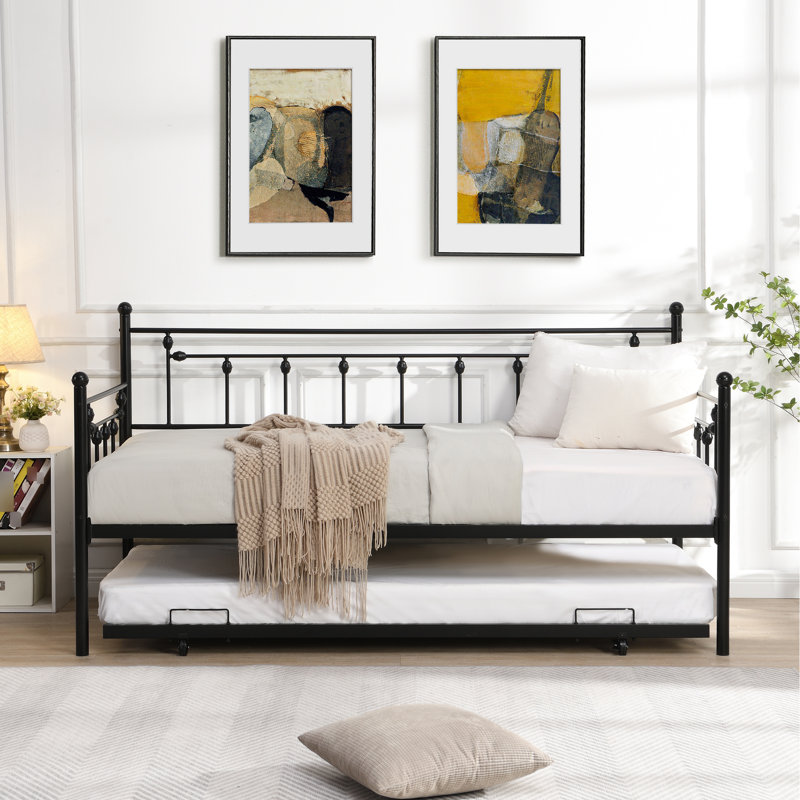 Lit de jour moderne noir avec lit gigogne - construction en métal pour la fiabilité, chambre à coucher avec solution d'espace, calme et stable, assemblage facile inclus, fonctionne avec divers matelas, chambre à coucher avec poids limité de 250/350 lb