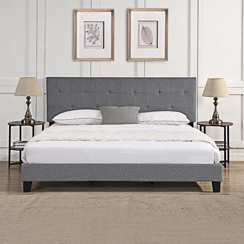 Upholstered Platm Bed Frame With Button Tufted Headboard, Dark Gray, King