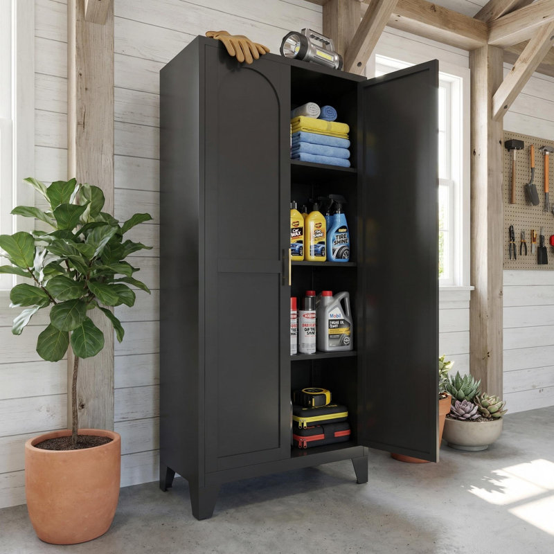 Armoire de rangement en acier noir de 155 cm (61 po) avec étagères réglables et portes doubles cintrées pour garage, buanderie ou salle à manger