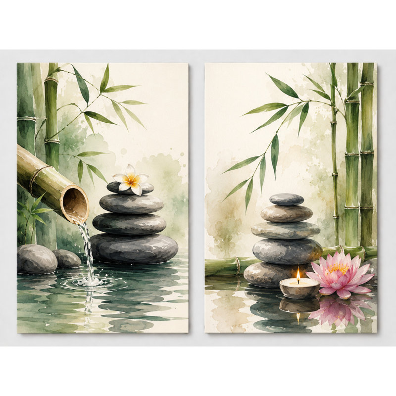 Grand ensemble de 2 impressions sur toile Zen en cascade de bambou, décor de lotus en pierre paisible pour salle de bain, impression sur toile 16 x 24 pouces - prête à être accrochée