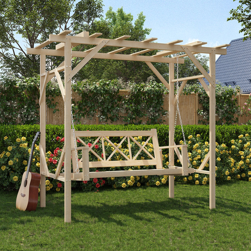 Outdoor  Cedar Wood Pergola Swing Bench, Porch Swing with Stand