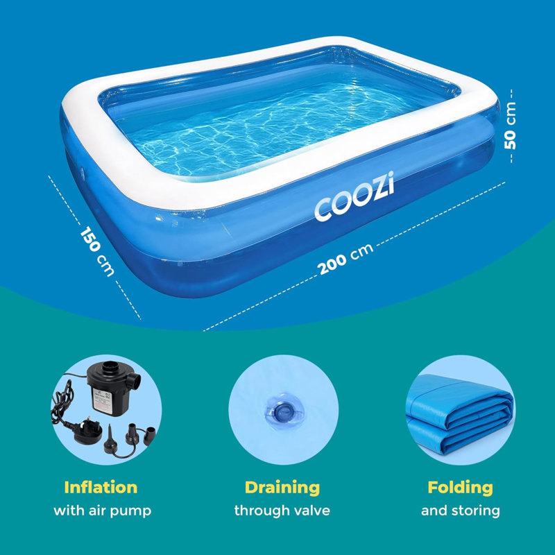 Polyvinyl Chloride (PVC) Rectangle Inflatable Pool 51cm H x 150cm W x 201cm L , with Pump Included