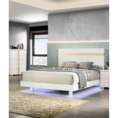 Contemporary Queen Bed Frame, Underbed Led, White Finish, Engineered Wood And Metal, Acrylic Trim, Mattress Ready, Proof Design