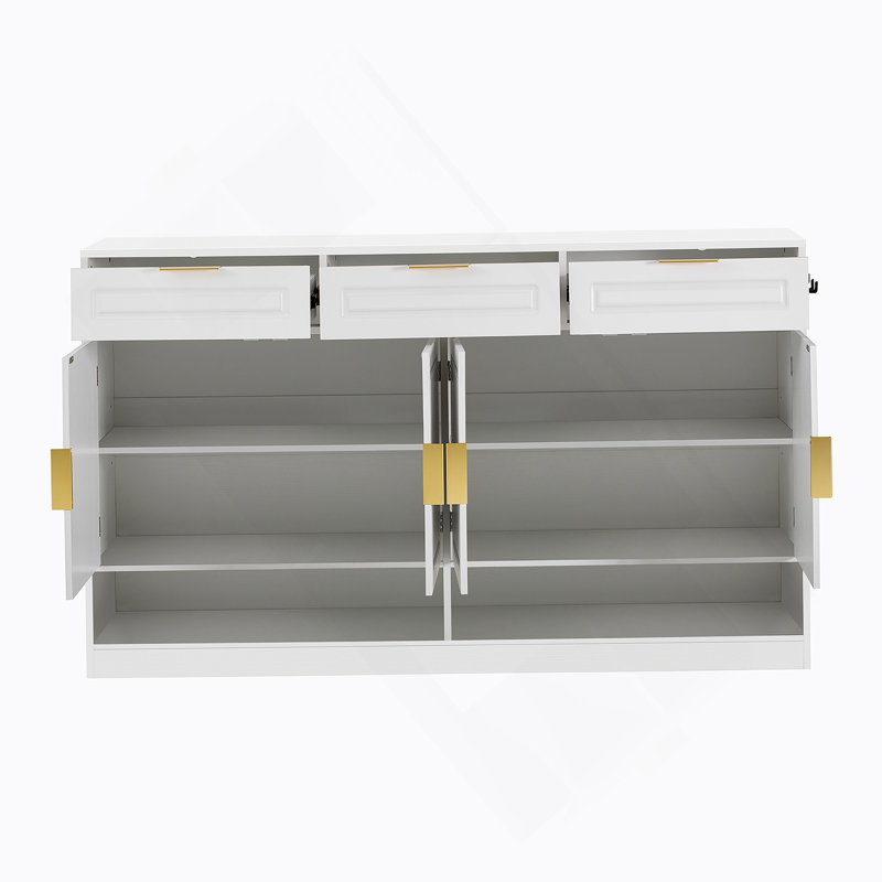 Sideboard With 3 Drawers And 4 Doors, Storage Buffet With Adjustable Shelf And Open Storage Compartments, White