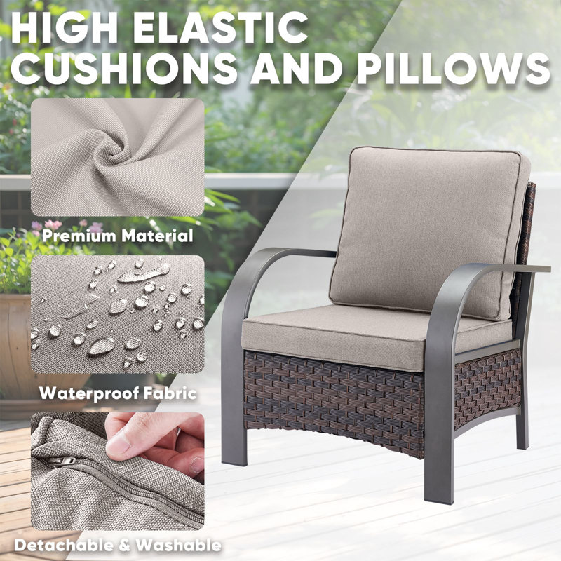 Wyland Outdoor Wicker Furniture Set With Weather-Resistant Cusions Perfect For Patios & Gardens, Beige