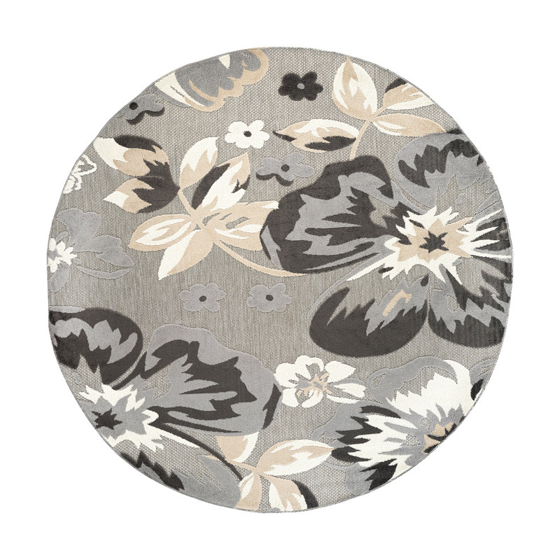 Tapis floral intérieur / extérieur gris, Rond 7 pi 10 po