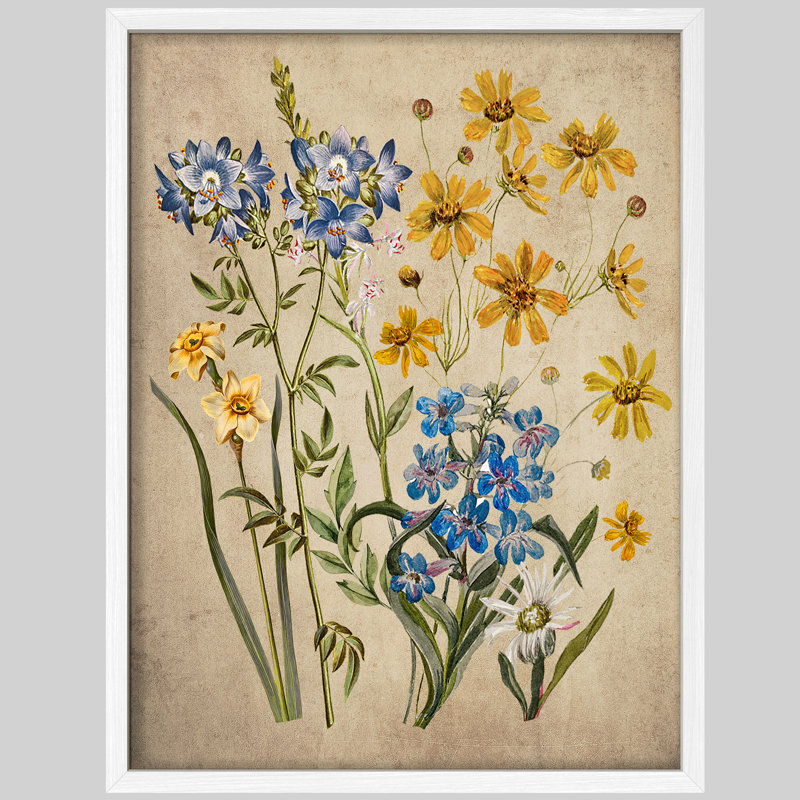 "Fleurs jaunes et bleues, œuvre d'art rustique, affiches encadrées, petit art mural de salle de bain", H 14 po x l 11 po