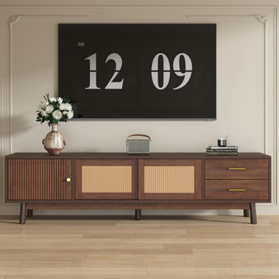 Meuble télé Mid-Century pour téléviseur de 80 po, meuble audio-vidéo avec portes coulissantes et tiroirs, meuble télé avec rangement pour le salon et la chambre à coucher