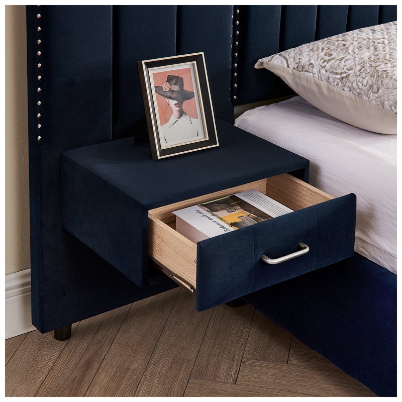 Aurelius 81" W x 81" D x 12" H Button-Tufted Velvet King Upholstered Platform Bed with Integrated Nightstand and Lamps