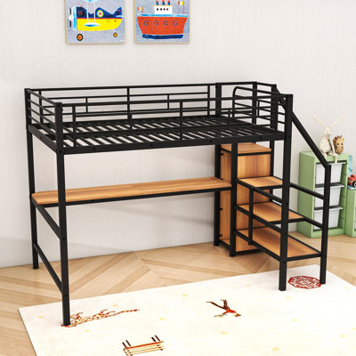 Full Metal Loft Bed With Desk, Staircase Storage, Wardrobe And LED Light