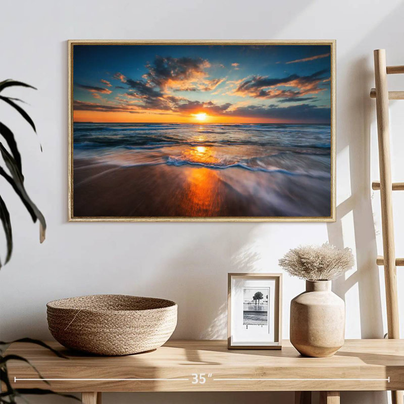 Été, océan, lever de soleil, 25 po x 17 po, Cadre flottant en bois naturel