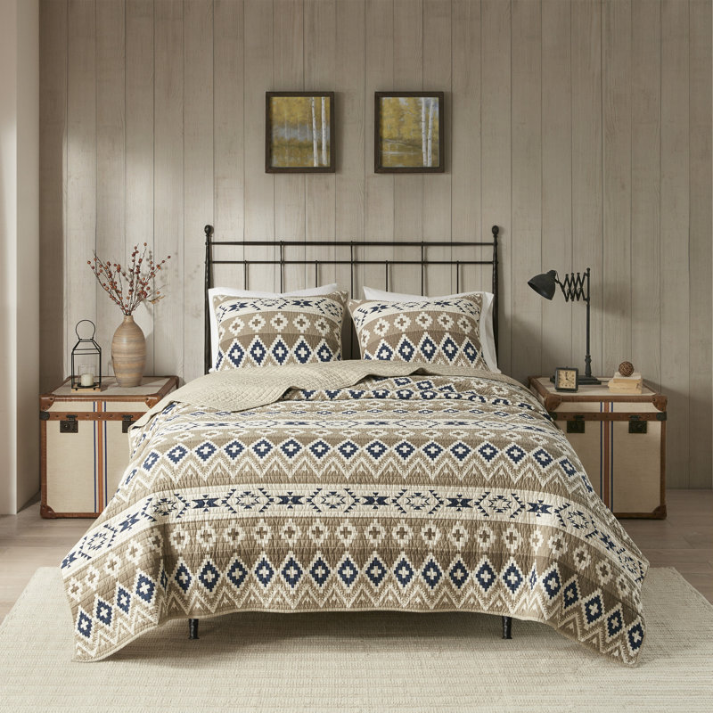 Blue and Tan Reversible Cotton King Quilt Set