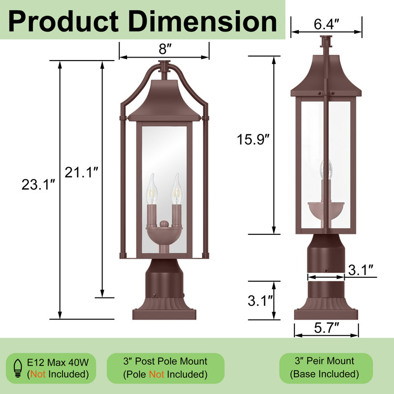 Alvester 23''H Oil Rubbed Bronze Outdoor Post Light with Clear Tempered Glass and Pier Mount Base for Porch Yard Patio
