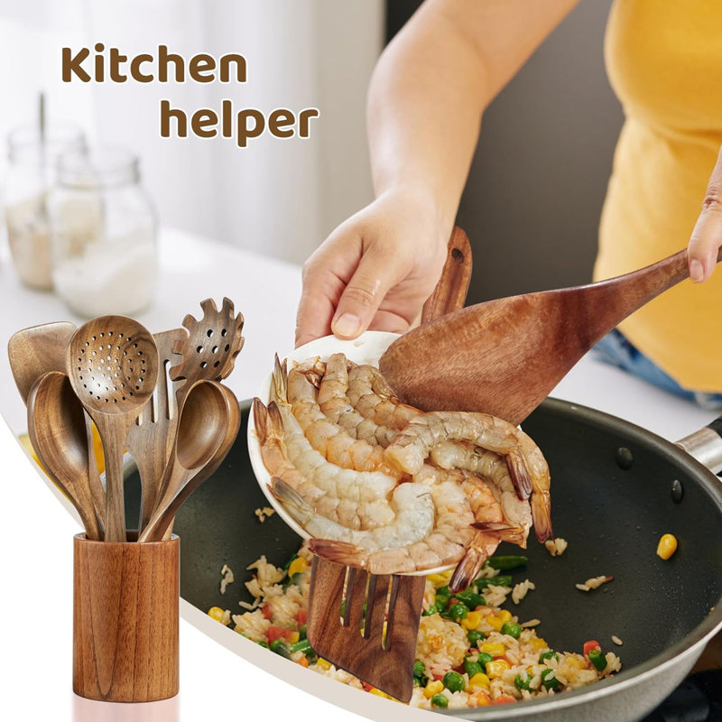 9 Pcs Wooden Cooking Utensil Set With Metal Hooks, Non-stick Heat Resistant, Environment-friendly