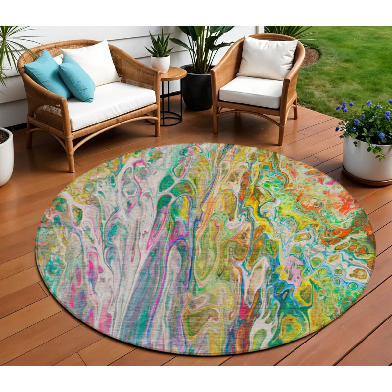 Tapis intérieur rond lavable abstrait vert doré et blanc 8 pi