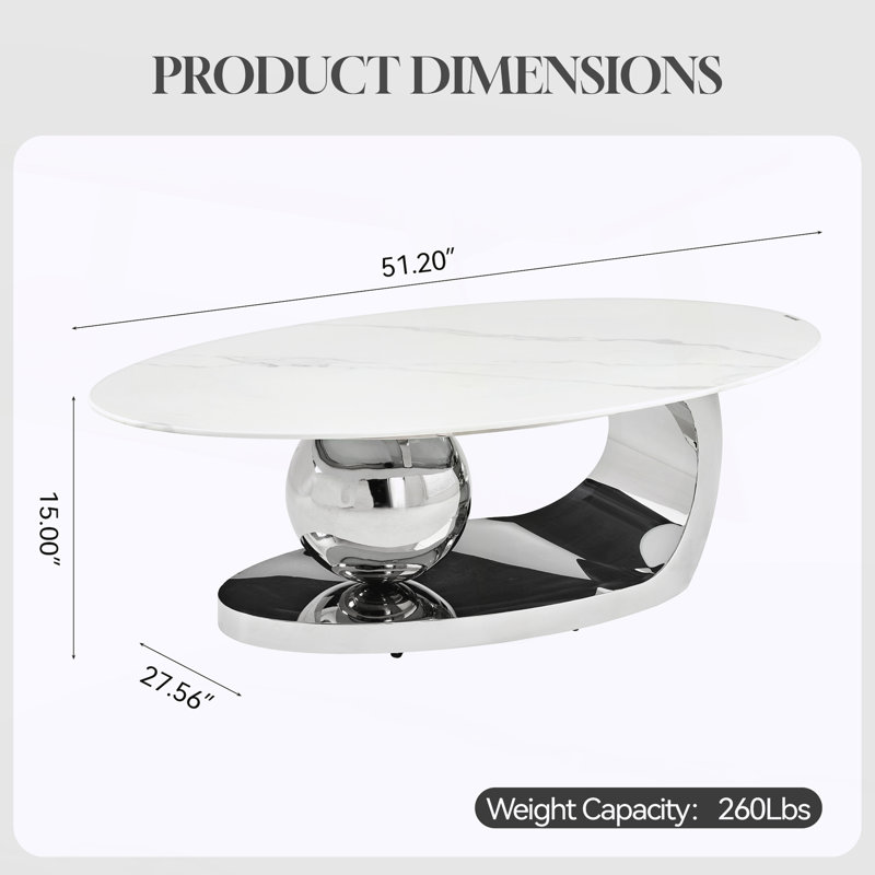 Table basse ovale en faux marbre pour le salon, design moderne, Blanc / argenté