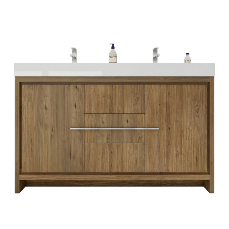 Nubell 59'' Double Bathroom Vanity with Acrylic Top, Chrome, Natural Oak