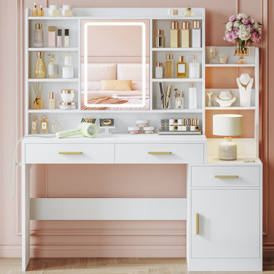 39.3''  Vanity Desk with HD Mirror and Lights,  Makeup Vanity with Power Strip, 3 Drawers and 9 Storage Shelves, Storage Behind the Mirror, Dressing Table with Bedside Table, White