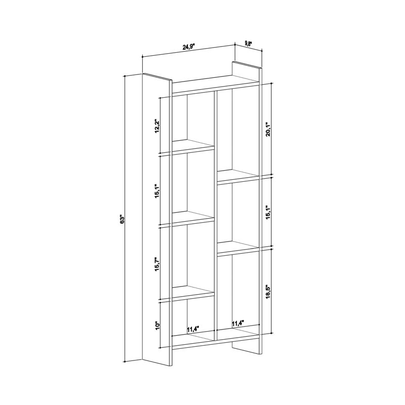 Bibliothèque moderne en chêne, 63,0 x 9,8 x 63,0 pouces | 100% panneau de particules enduit de mélamine, épaisseur: 0,7 pouce | Nombreuses tablettes, conception à fixation murale | Style scandinave pour solutions de rangement pour la maison et l'école