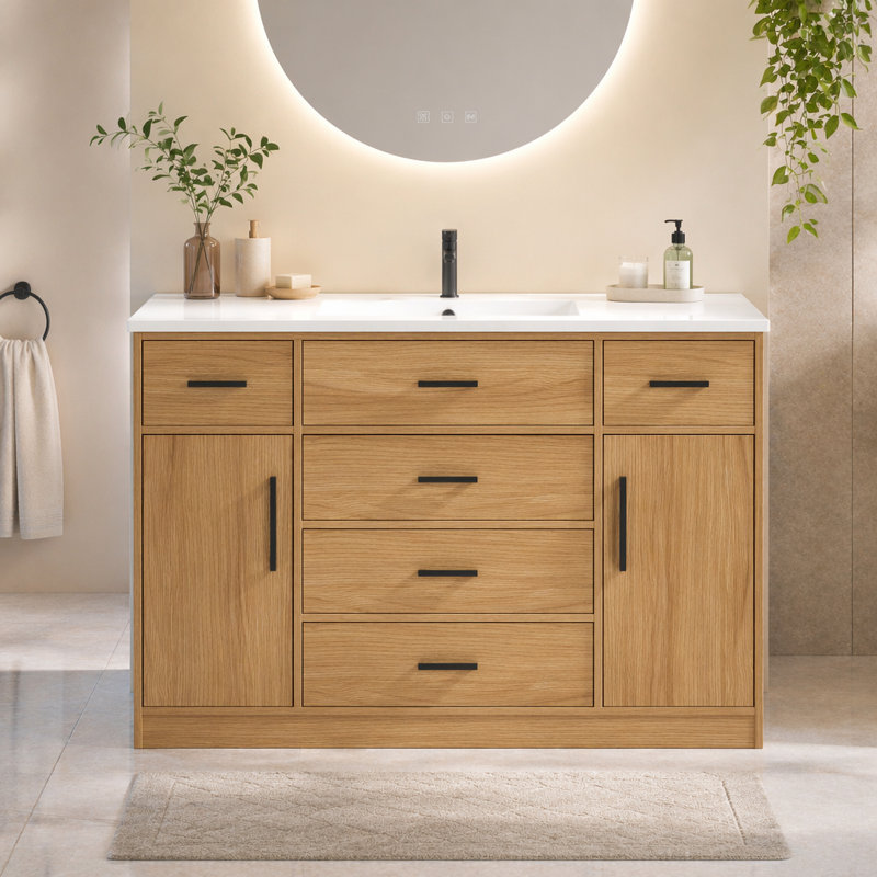 Meuble-lavabo 48 po en chêne clair. Armoire de rangement abondante - 2 portes à fermeture douce et 6 tiroirs